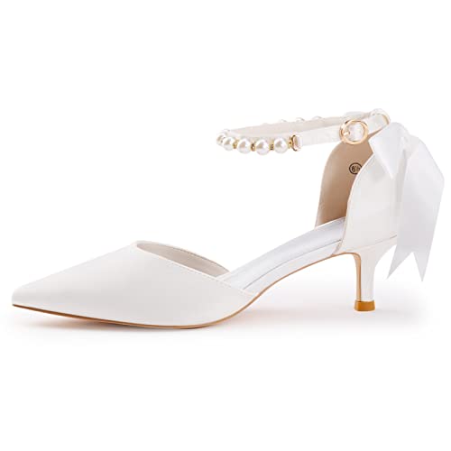 Coutgo Womens Pearl Ankle Strap Pumps Low Kitten Heel D'Orsay Satin Back Tieknot Heels Pointed Toe Wedding Party Dress Shoes3