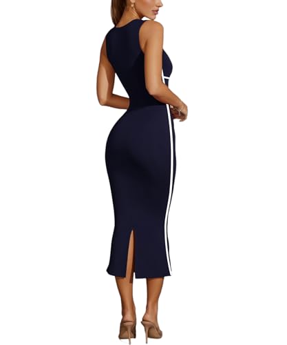 Image of MAYFASEY Women's Summer Sleeveless Square Neck Contrast Binding Cocktail Party Bodycon Midi Dress Back Slit Maxi Dress