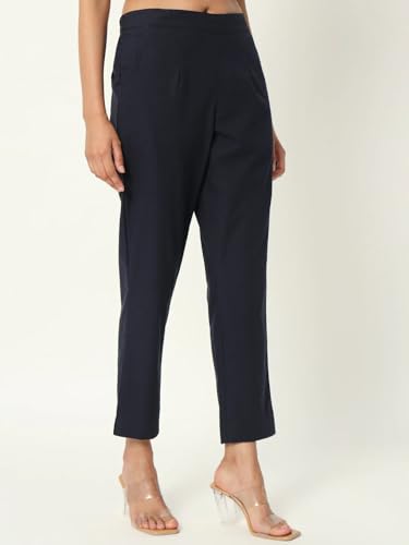 Image of Women's Solid Straight Fit 100% Cotton Trousers | High Waist, Side Pockets, Ankle Length Pants for Office, Casual