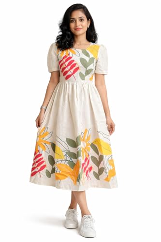 Image of eightone Women Floral Print Cotton Midi Dress, Short Sleeve, White with Yellow and Red Flowers, A-Line Fit