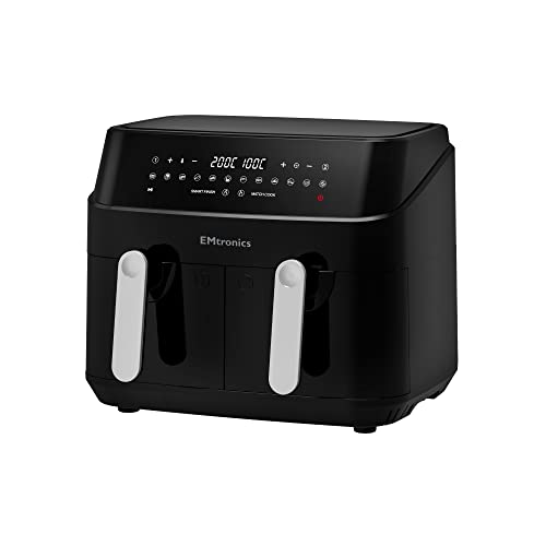 EMtronics EMDAF9LD Dual Air Fryer Extra Large Family Size Double XL 9 Litre Digital with 12 Pre-Set Menus for Oil Free & Low Fat Healthy Cooking, 60-Minute Timer - Black
