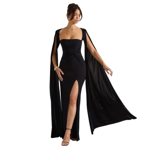 JUMISEE Women’s Flowy Cloak Sleeve Wedding Guest Dress Sexy Ruched High Slit Maxi Dress Formal Cape Cocktail Dresses2