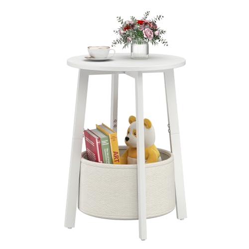 Image of sthmec Small Round Side End Table with Cloth Storage Basket, Round Bedside Sofa Couch Coffee Tables for Small Places with Metal Frame, Modern Nighstands for Living Room Bedroom,White