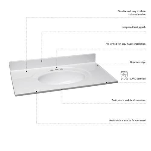 Image of Design House 586271 Cultured Marble 25-inch Vanity Top with Integrated Oval Bowl, 4 Centerset, White on White
