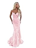 Blush Pink Lace Prom Dresses for Teens Long Mermaid Strapless Formal Dress Evening Gown Size 0