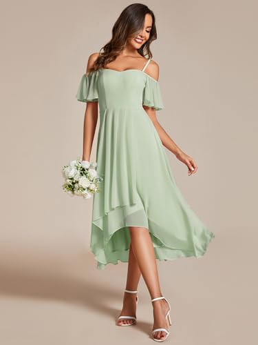 Image of Ever-Pretty Women's Summer Cold Shoulder Hi-Lo Asymmetrical Hem Flowy Chiffon Short Wedding Guest Dress 02103