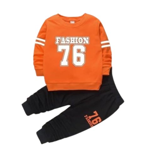 Image of Kid Boy's Orange Fashion 76 Printed Full Sleeves Top With Pants Set