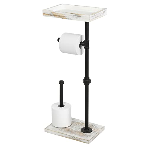 Mygift Industrial Pipe Freestanding Toilet Paper Holder Stand With Whitewashed Solid Wood Shelf And Base, Bathroom Tissue Roll Holder With Reserve For Small Spaces #TOP3