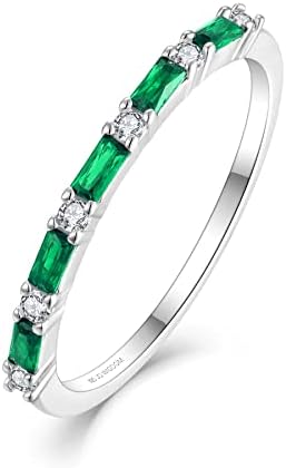 JO WISDOM 925 Sterling Silver Wedding Band for Women Thin Stacking Ring Half Cubic Zirconia Eternity Engagement Ring Size 10,May Birthstone Emerald Color
