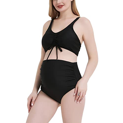 Sweetbump Maternity High Waist Swimsuit Two Piece Bathing Suit Cute Bikini Tie Ruched Front Crop Top Pregnancy Swimwear Black Xl #TOP2