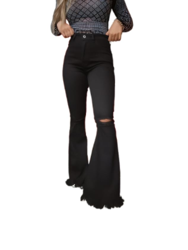 Willow Boutique Farrah Distressed Flare Jeans for Women – Trendy & Casual High Waisted Bell Bottom Pants for Women - Black