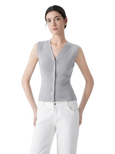 Image of SUUKSESS Women Sleeveless Sweater Tops Summer V Neck Button Down Vest Tops Business Casual Work Shirts