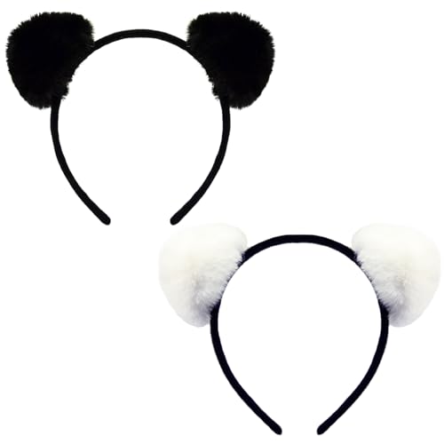 WLBON 2 Pcs Halloween Cat Ears Headband Panda Ears Hair Hoops Bands Animal Headpiece Hairband Women Christmas Wedding Holiday Festival Parade Cosplay Dress Up Birthday Party Accessories Black White