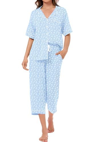 Image of LUBOT Womens Bamboo Viscose Pajamas for Women PJ Set 2 Piece Cooling Soft Short Sleeve Capri Pants Summer Sleepwear Set S-XXL
