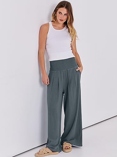 Image of ANRABESS Women Linen Palazzo Pants Summer Boho Wide Leg High Waist Casual Lounge Pant 2026 Beach Travel Vacation Outfits
