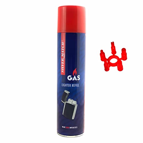 Silver Match 1 x 300 ml Feuerzeuggas Universalgas Nachfüllflasche Nachfüllgas Butangas Nachfüller für Feuerzeug Küchenbrenner und Flambierbrenner + IG Adapter Cover