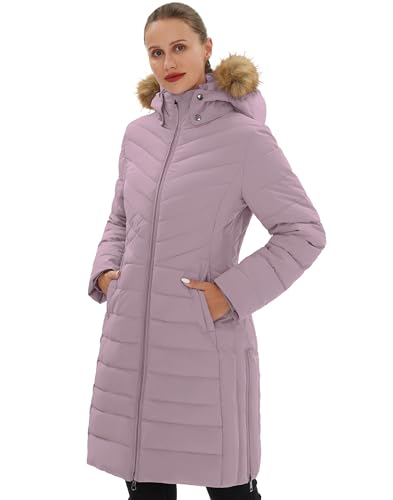 Pioneer Camp Wintermantel Damen Lang Warm Steppmantel Wasserdicht Winterjacke Mantel Damen Winter mit Abnehmbarer Kunstpelzkragen Gräulich Violett L