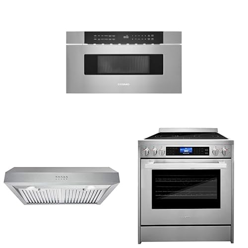 Image of COSMO 3-Piece Kitchen Appliance Packages, 30" Microwave Drawer No Handle with Smart Defrosting, 30" Under Cabinet Range Hood and 30" Electric Range