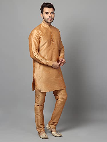 Image of Uri and MacKenzie Men's Silk Blend Solid Pathani Kurta with Readymade Pajama Pant Set