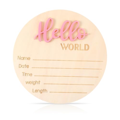 Image of Wooden Hello World Baby Welcome Sign - 5.9in Pink Birth Announcement Sign for Newborn Boys & Girls Hospital Nursery