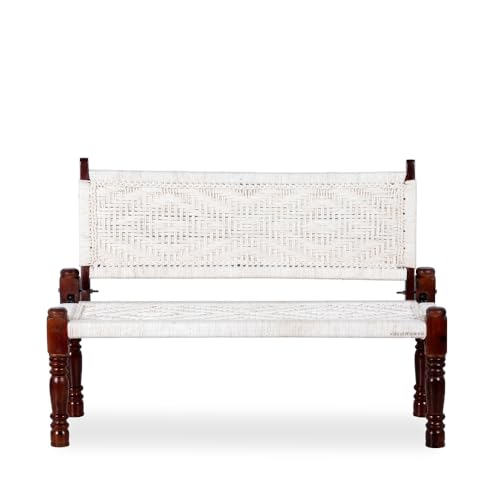 Image of Srima Wooden Bench for Living Room | Handcrafted Sheesham Wood Backrest Bench for Balcony & Garden | Traditional Rajasthani Patio for Outdoor with Cotton Handwoven Rope | White
