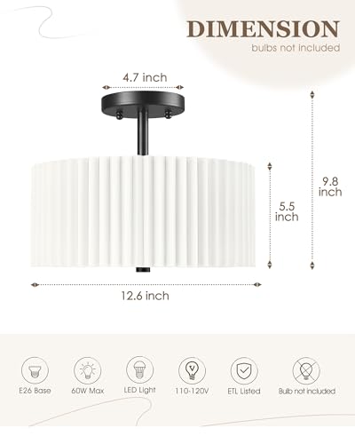 Image of Semi Flush Mount Ceiling Light, 3-Light 12.5 inch Matte Black Ceiling Light Fixture with White Pleated Fabric Shade, Drum Lamp for Nursery Hallway Bedroom Kitchen, AD-25036-3SF-BK