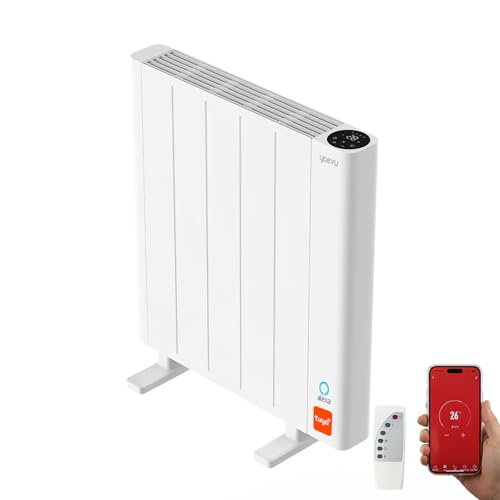 YOEVU | Radiador electrico bajo consumo 900W | Compatible con Alexa | Control app WiFi y mando, pantalla digital, programación 24/7, modo ECO y Confort | Calor eficiente, Blanco