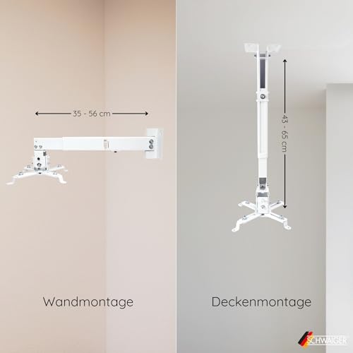 SCHWAIGER Beamer Deckenhalterung Wandhalterung Projektor Halterung universal neigbar drehbar schwenkbar 20kg Tragkraft Wand Decke weiß für Heimkino Büro Wohnzimmer Konferenzraum