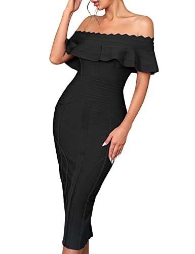 Off Shoulder Bandage Dresses for Women Wedding Guest Party Midi Formal Gowns Evening Dress