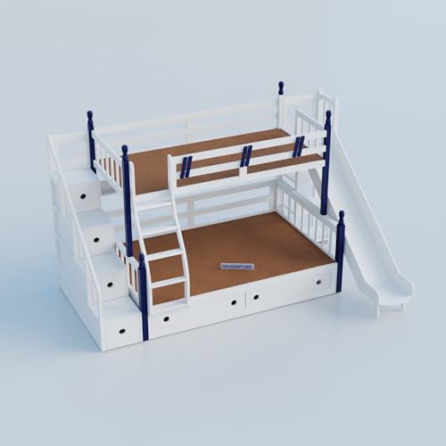 Image of Wudniture Solid Sheesham Wood Bunk Bed for Kids and Adults with Storage | Bunk Bed with Slide | Natural White and Blue