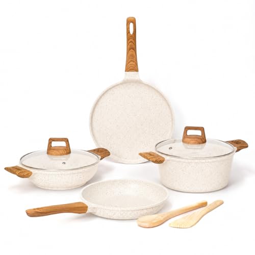 Image of Kreme CeraStone Ultra Granite Nonstick Cookware Set 8 Pieces, Kadai 2.5L, Frying Pan 1.7L, 28cm Tawa, Glass Lid, Casserole Pot 4.4L, 2 Spoons, Made in India, Induction Compatible, PFOA Free, Ivory