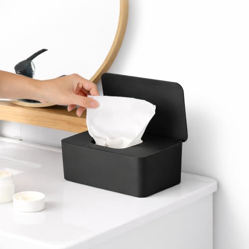 Wet Wipes Dispenser Tissue Box Holder with Lid Dustproof Baby Nappy Wet Tissue Box Cover Toilet Wipes Storage Container Keep Wipes Fresh & Safe Napkin Holder Case for Home, Car or Office Desk (Black)