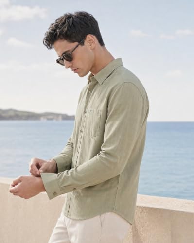 Image of Nobero Breezy Premium Linen Cotton Shirt for Men | Stylish Casual Shirts for Men | Semi Cut Collar | Box Pleat | Curved Hem | Regular Fit | Full Sleeve | S-XXXL