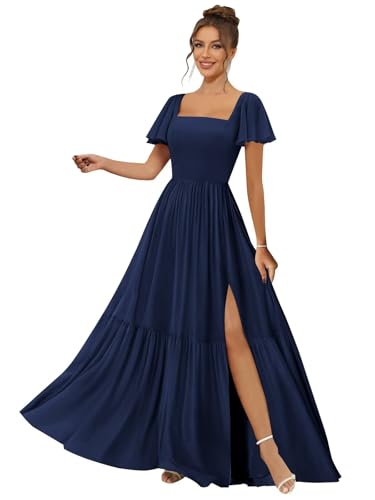 MAGGCIF Flutter Sleeve Bridesmaid Dresses with Pockets Chiffon Square Neck Long Formal Wedding Guest Dress for Women