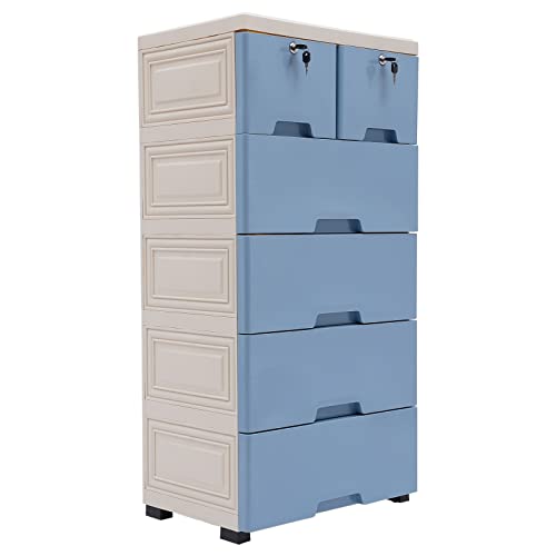 Plastic Drawers Storage Cart Mobile Cabinet with Casters, 5 Drawer Stackable Vertical Clothes Storage Tower Tall Chest Closet, Large Containers Organizer Unit (14