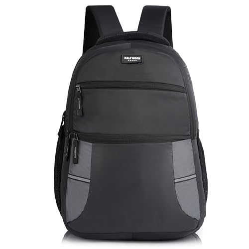 Image of Half Moon 30L Laptop Backpack for Men & Women, Polyester, Water Resistant, Padded Sleeve with Reflective Strip, Black & Grey