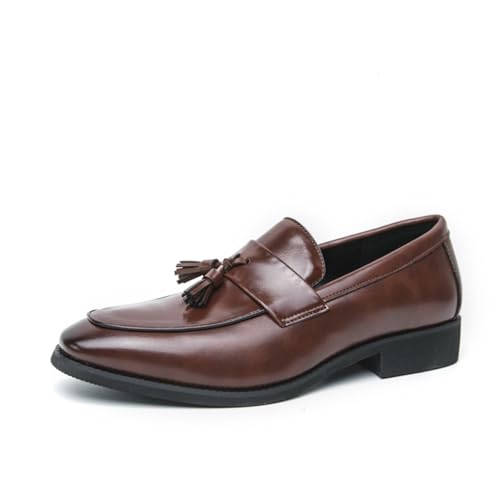 Mens Retro Leather Slip-On Dress Tassels Loafers Low Chunky Heels Comfortable Non-Slip Casual Penny Loafers for Work Office Party Wedding