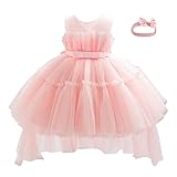 Miipat Baby Flower Girl Dress Wedding Party Tulle Princess Pageant Ball Gown Toddler Formal Dresses with Bowknot Headwear(Pink,12-18M)