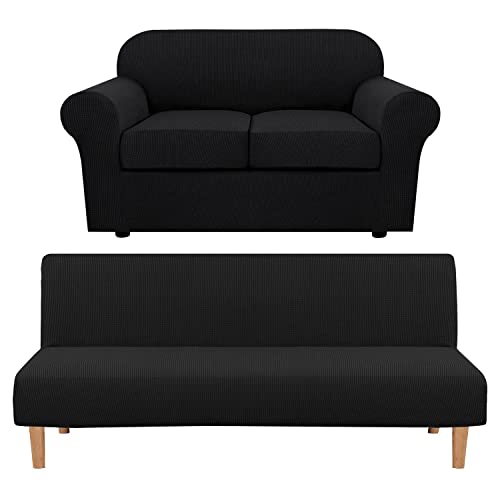 H.VERSAILTEX 3 Piece Stretch Sofa Covers for 2 Cushion Couch Bundles Armless Futon Cover, Black