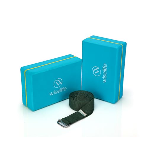 WiseLife Teal Yoga Block Set + Blue Yoga Belt | Brick (Set of 2, ...