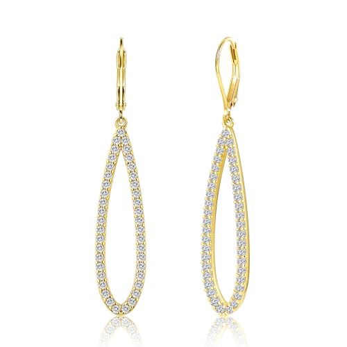 Image of 14K Gold Teardrop Dangle Earrings for Women Cubic Zirconia Leverback Dangle Drop Earrings Hypoallergenic Simulated Diamond Long Teardrop CZ Wedding Earring for Women Trendy Jewelry Gifts