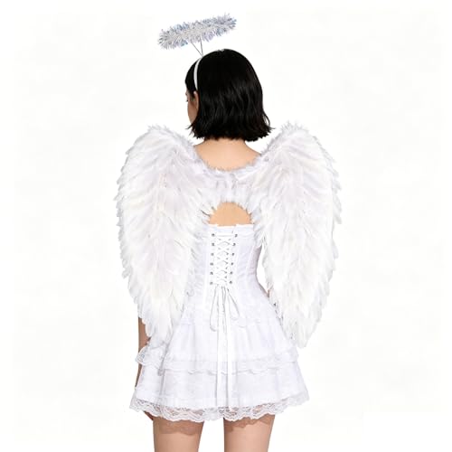 Naplings White Angel Wings and Halo Set - 1.96ft Large White Wings for Women Men Halloween Costumes for Adults with Fairy Wings Angel Costume Halloween Costume Accessories