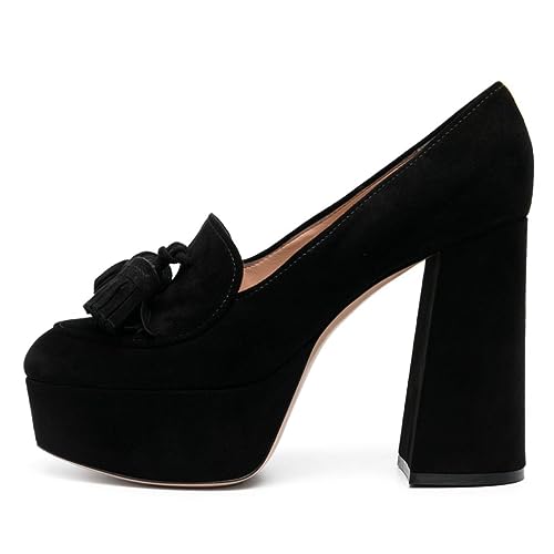 YDN Women Dressy Tassel Loafers Round Closed Toe Slip On Pumps Platform Chunky High Heels Shoes Business Daily Size 4-15 US2