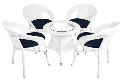 Image of Rattan Wicker Garden Patio Seating Chair and Table Set for Outdoor Balcony Garden Coffee Table Set Furniture with 1 Table and 4 Chairs with Blue Cushion (White)