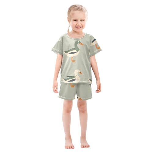Summer Pajama Set Green White Goose, Short Sleeve Sleepwear Nightwear3