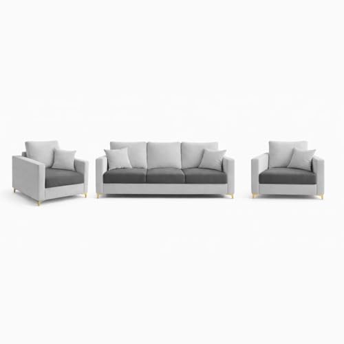 Image of Hayes Dual Tone Rich Velvet Suede 3+1+1 Seater Sofa Set | Golden Aesthetic Legs | Soft Touch Comfort Seating | 5 Person Seating | Modern Living Room Set (Dark Gray & Light Gray)