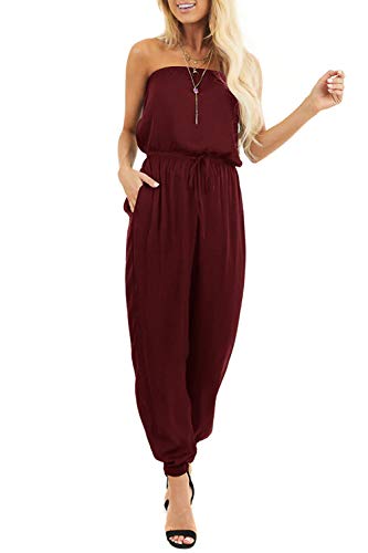 SENSERISE Womens Off Shoulder Romper Strapless Sleeveless Beam Foot Elasitic Waist Jumpsuit with Pockets(Burgundy,XX-Large)