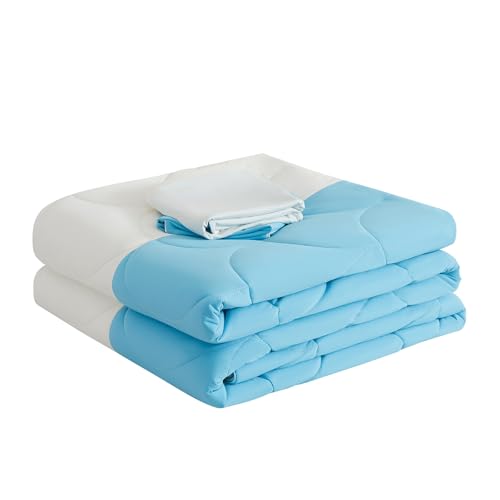 Cooling Blanket for Hot Sleepers - Queen Size Lightweight Breathable Tencel Blend, Double Sided All-Season Comforter, Temperature Regulating & Machine Washable (Blue+White, Queen (90''x90''))