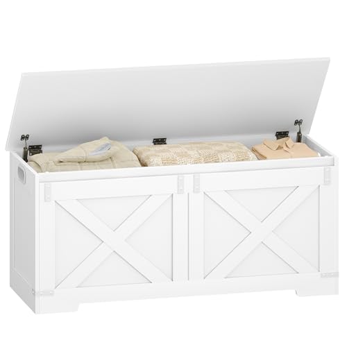 Hzuaneri Banc de Rangement 109 cm, Coffre de Rangement, Meuble pour Entrée avec 2 Charnières Stables, 40 x 109 x 48,5 cm, Banc à Chaussures pour Couloir, Chambre, Salon, Blanc SB10903X