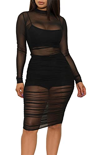Image of Atyfuniby Women's Sexy 3 Piece Outfits Mesh See Through Ruched Midi Dresses + Crop Tank Tops + Skinny Shorts Sets Clubwear
